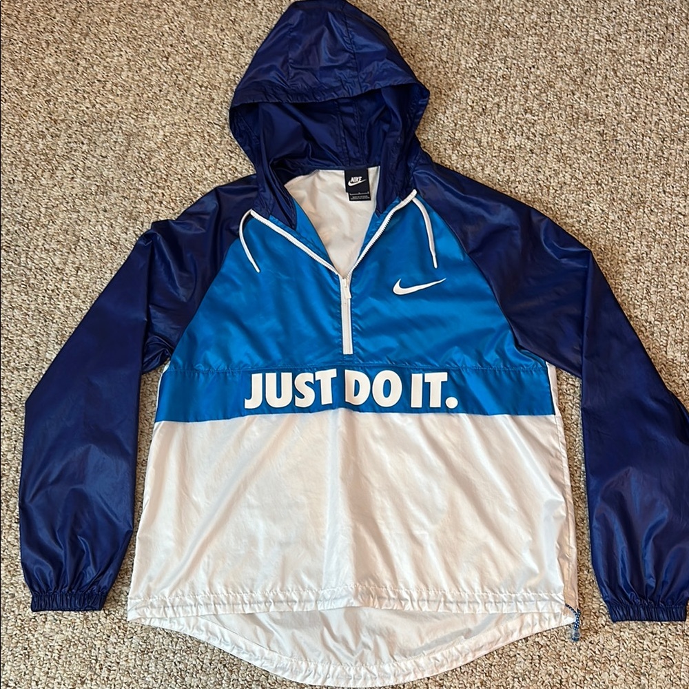 Nike Blue and White Hooded Wind Breaker